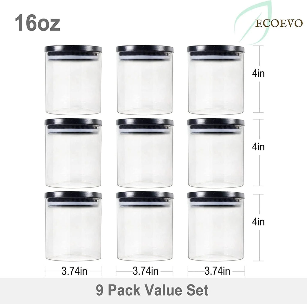 Glass Food Storage Jars 9 Pack of 16oz with Airtight Lids M6232