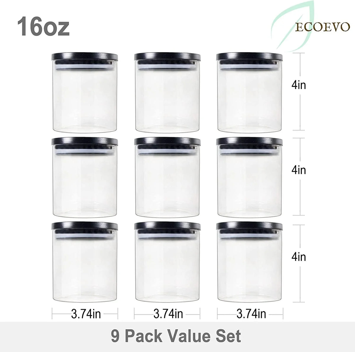 Glass Food Storage Jars 9 Pack of 16oz with Airtight Lids M6232