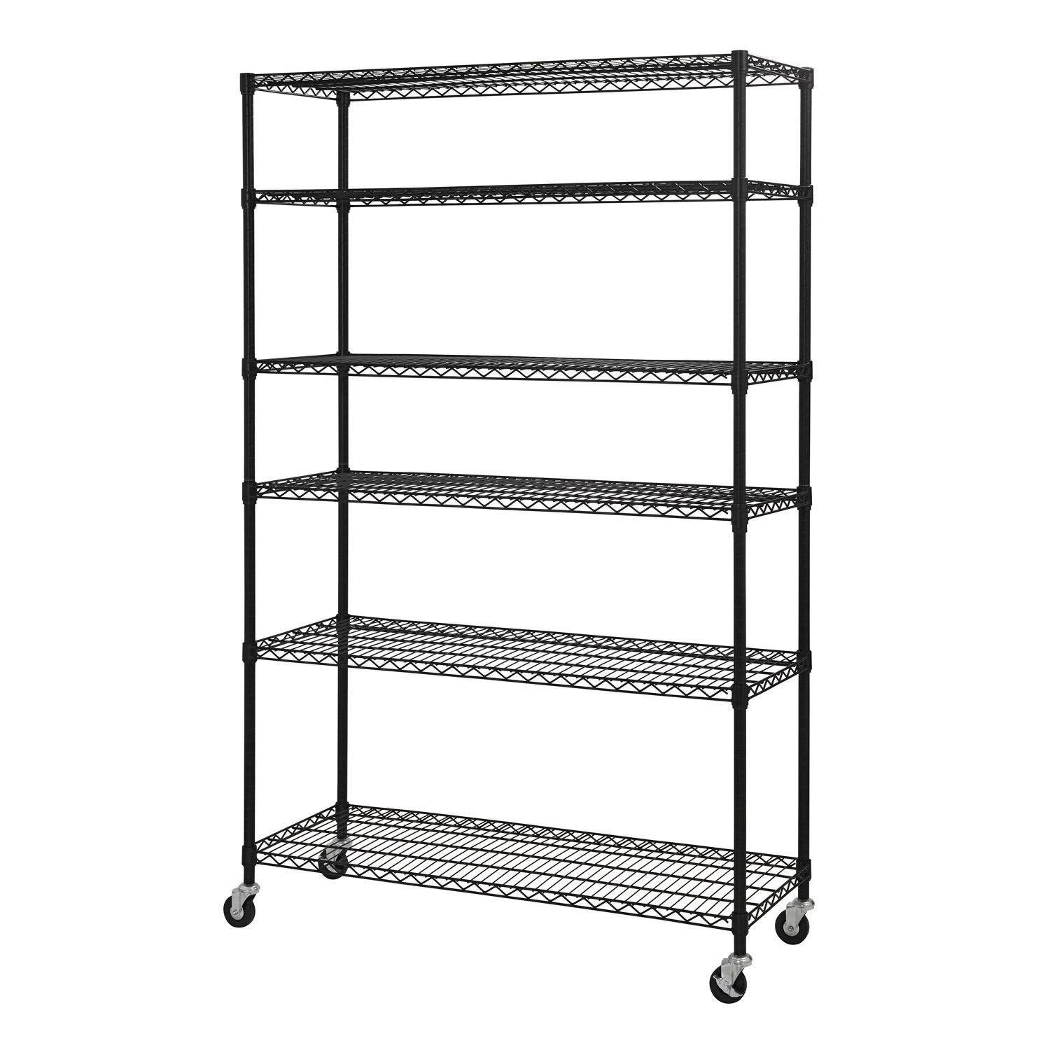 Black 6-Tier Wire Shelving Unit with Rubber Casters F552220
