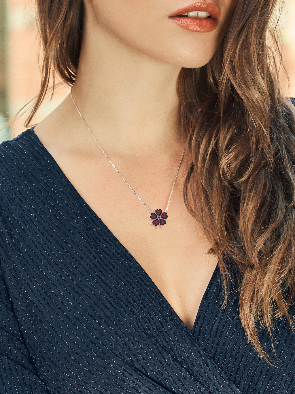 925 Sterling Silver Red Rhodolite Garnet and Blue Sapphire Pendant Necklace with 18 inch Chain F5418