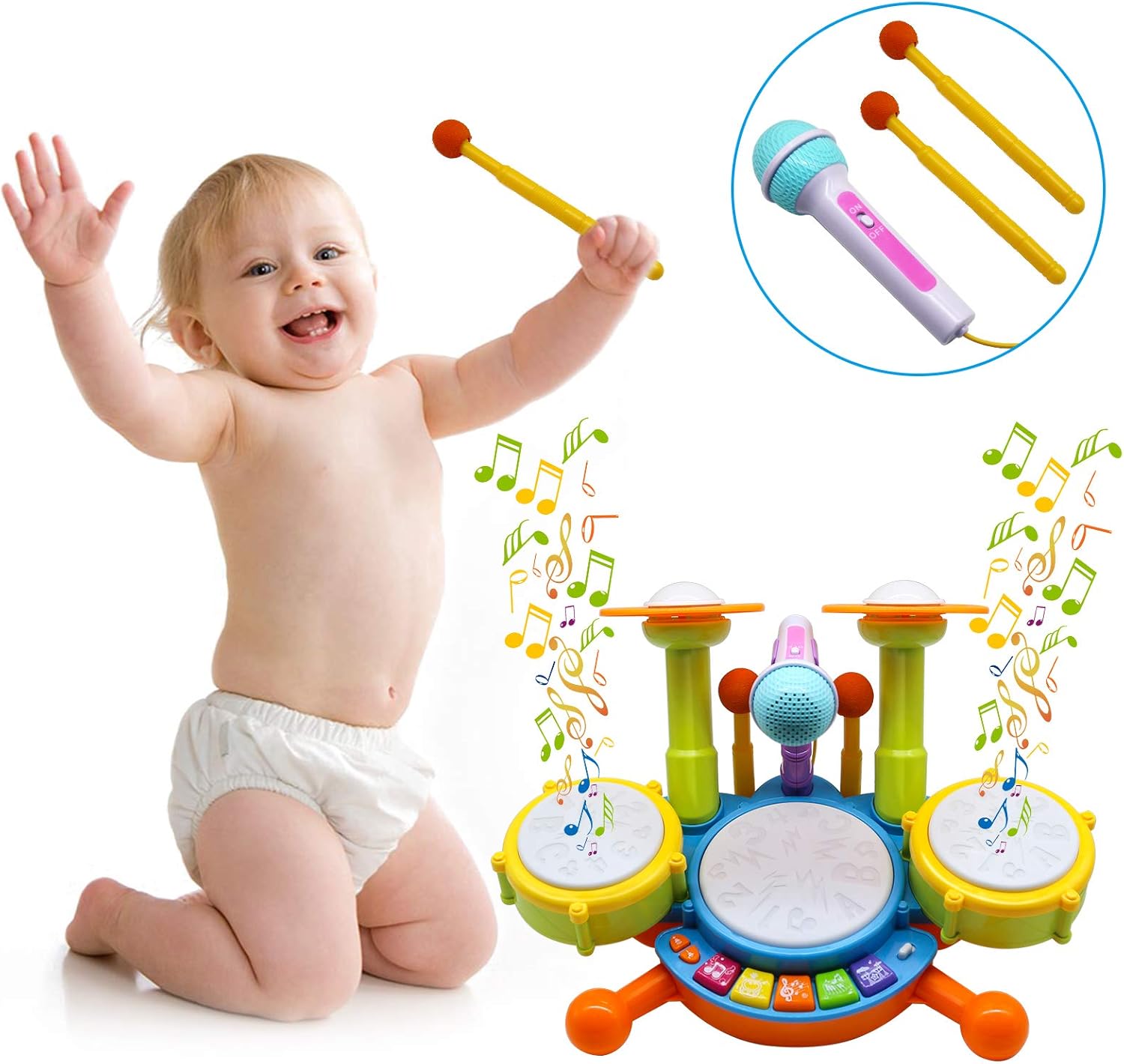 Kids Drum Set with 2 Drum Sticks and Microphone S99468