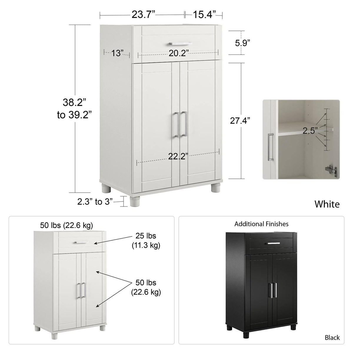 24 inch 1 Drawer 2 Door White Base Storage Cabinet F679