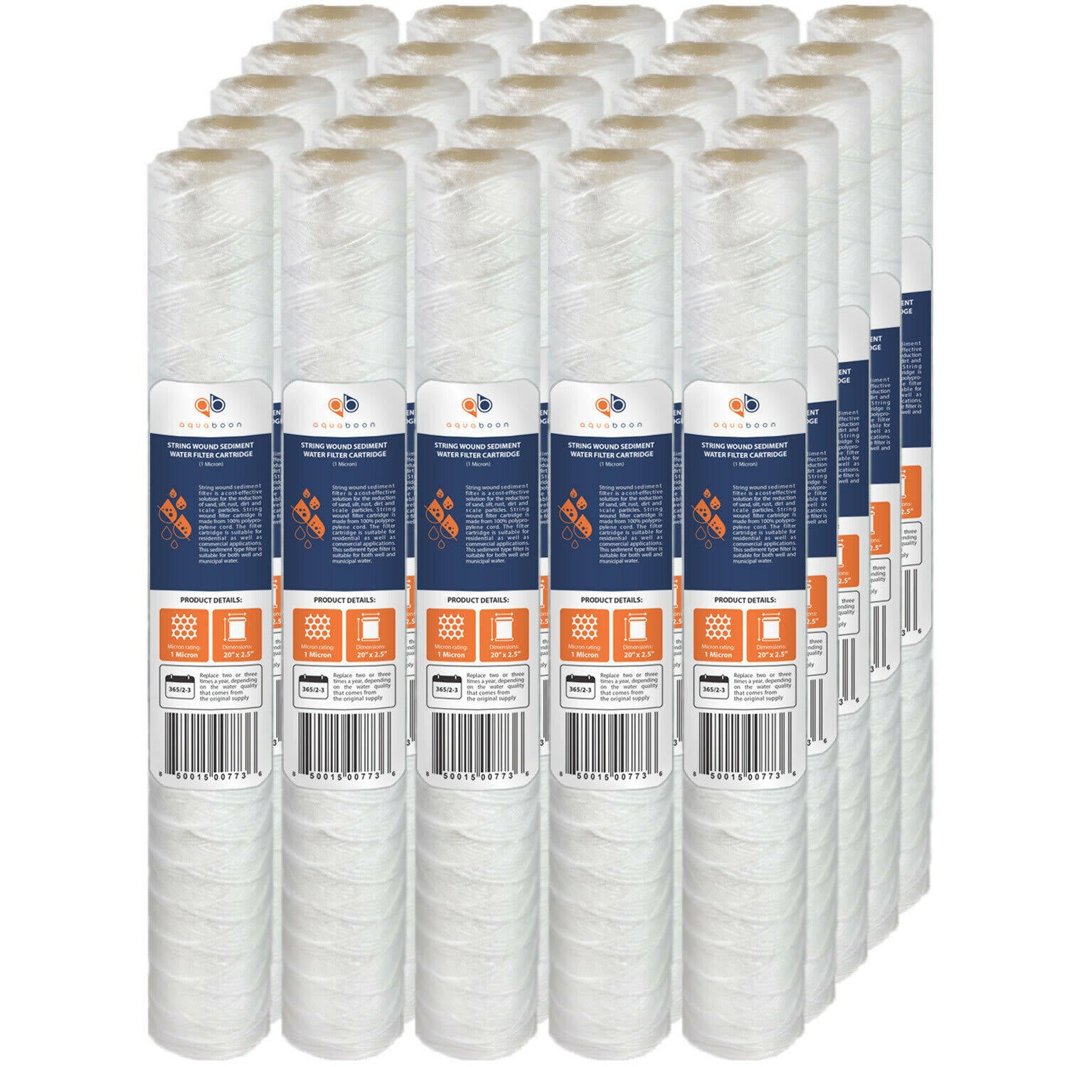 25pk 1 Micron Wound String Sediment Water Filter Cartridges 20 inch x 2.5 inch V8311