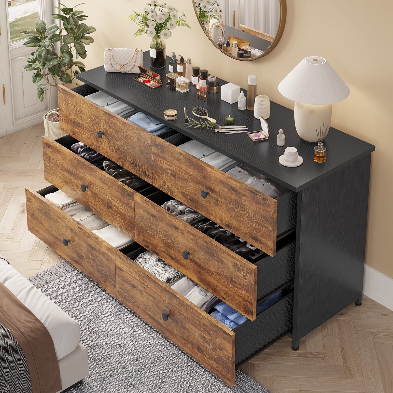Brown 6 Drawer Wooden Dresser with Steel Frame T2349