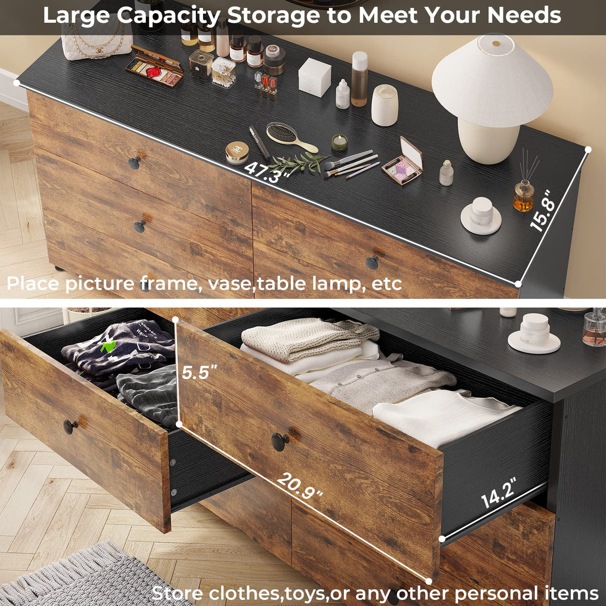 Brown 6 Drawer Wooden Dresser with Steel Frame T2349