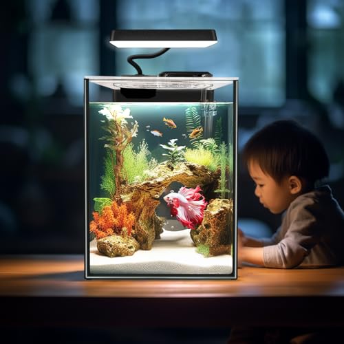 1.5 Gallon Glass Betta Fish Tank with LED Light and Power Filter I770