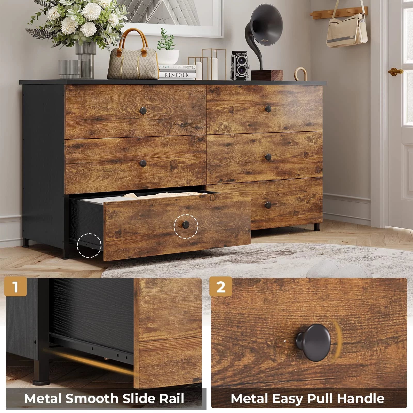 Brown 6 Drawer Wooden Dresser with Steel Frame T2349