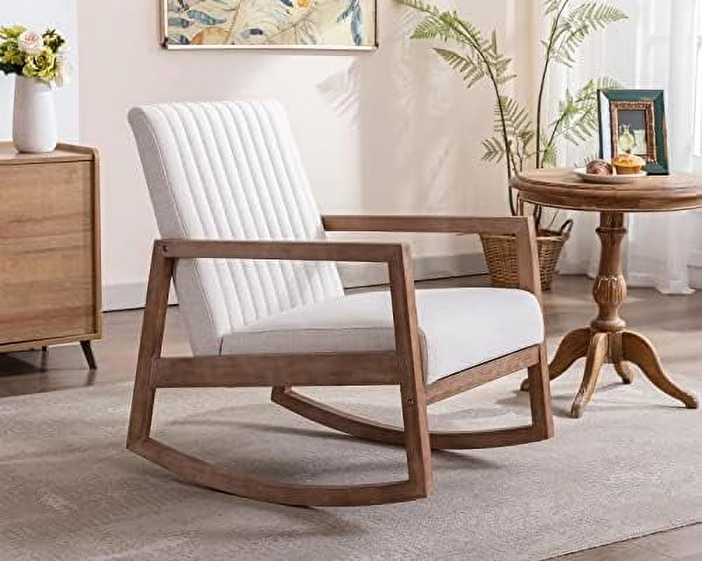 Mid Century Linen Rocking Chair with Padded Seat and Wood Frame E71729