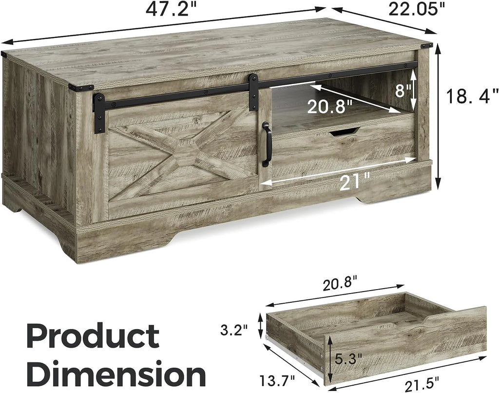 Warm Grey Rectangular Coffee Table with Storage Drawer and Sliding Barn Door T833966