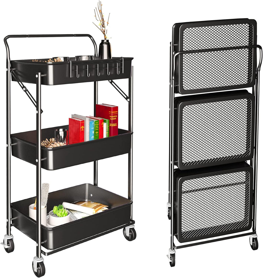 3 Tier Foldable Metal Rolling Cart with Wheels R53316