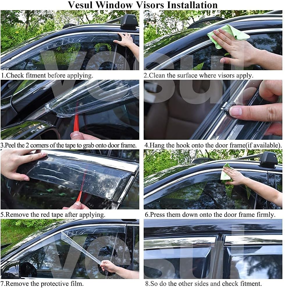 Tape on Polycarbonate Rain Guards Window Visors for Nissan Rogue 2014-2020 with 304 Stainless Steel Trim H7390