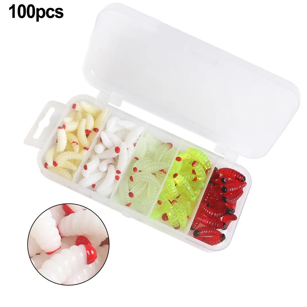 100pcs boxed Fishing Silica gel soft bait Artificial Maggots D97283