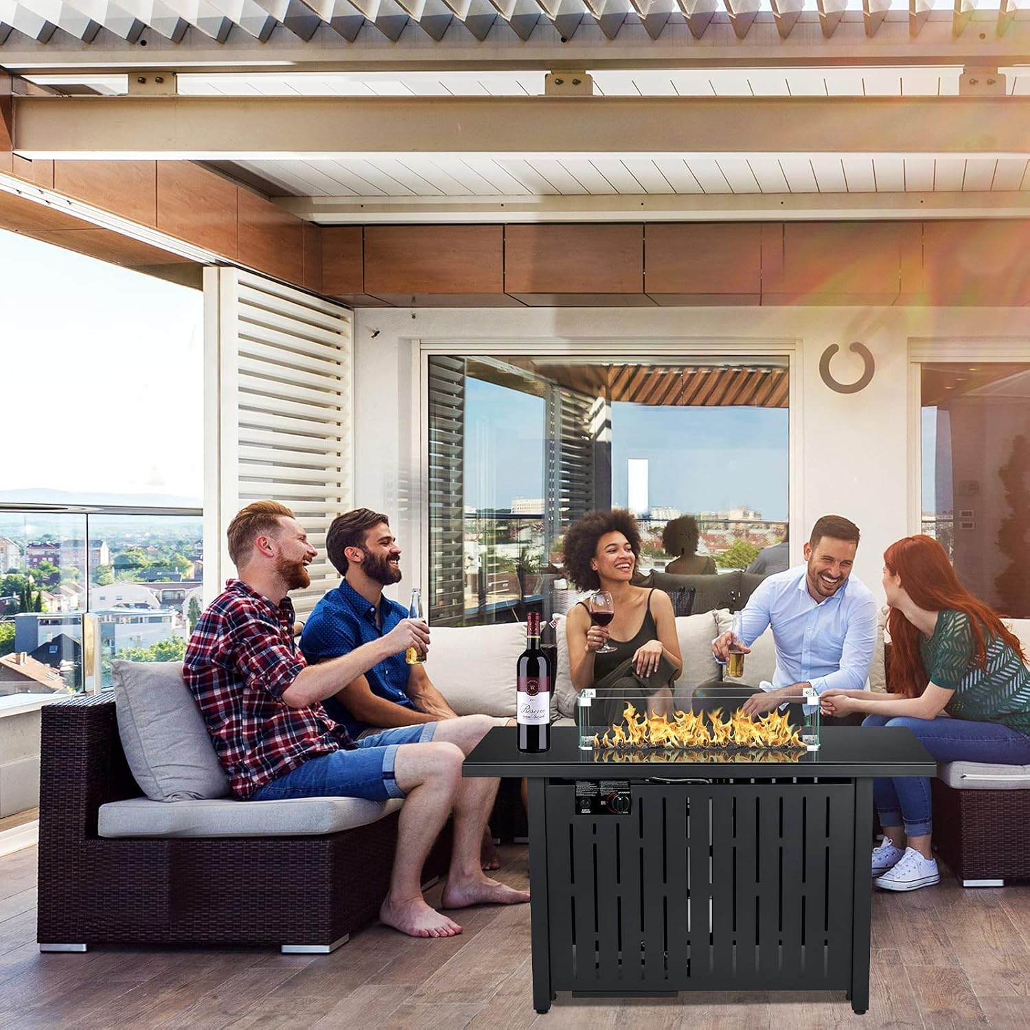 Propane Fire Pit Table, 43 Inch 50,000 BTU Auto-Ignition with Glass Wind Guard and Lava Stone I7869