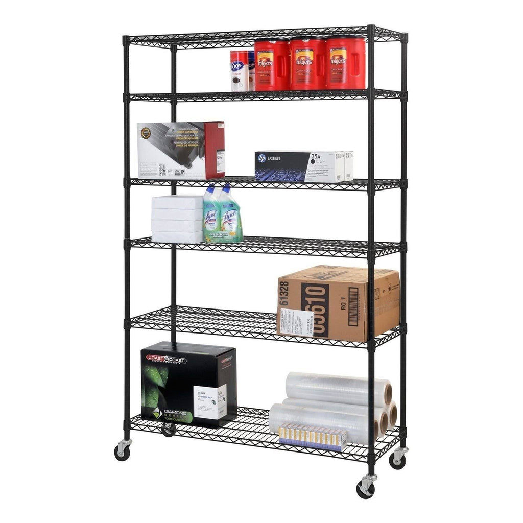 Black 6-Tier Wire Shelving Unit with Rubber Casters F552220
