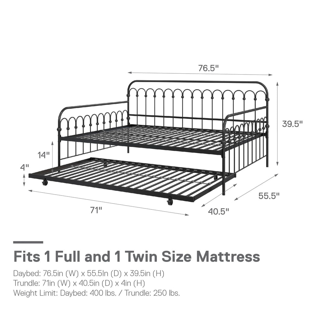 Black Full Metal Daybed with Twin Trundle Bed H6733