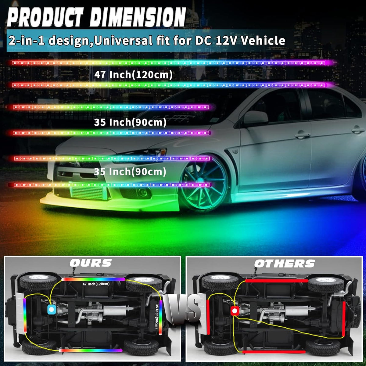 6PCS Dimmable RGB Car Underglow Lights with APP Control C348