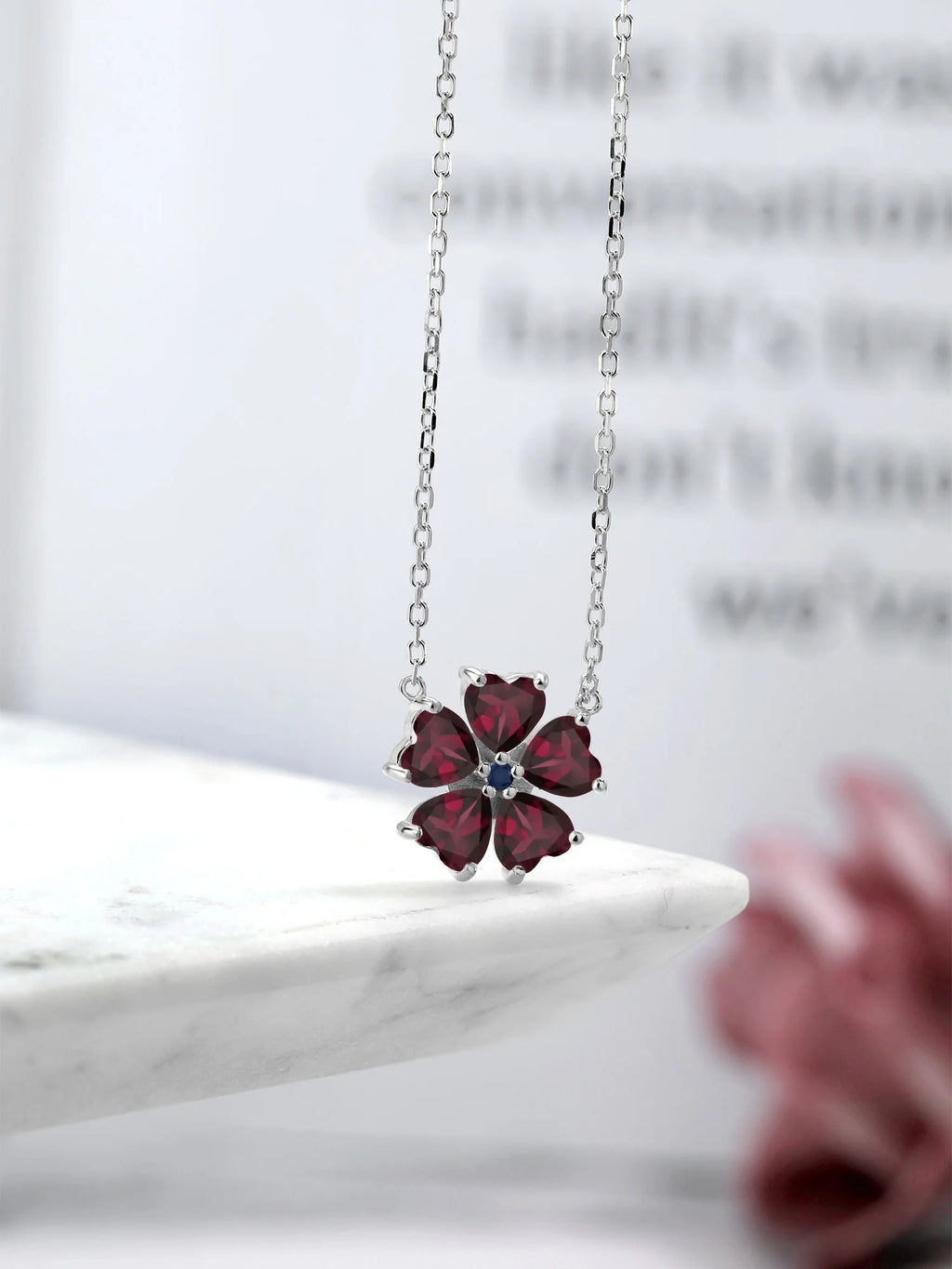 925 Sterling Silver Red Rhodolite Garnet and Blue Sapphire Pendant Necklace with 18 inch Chain F5418