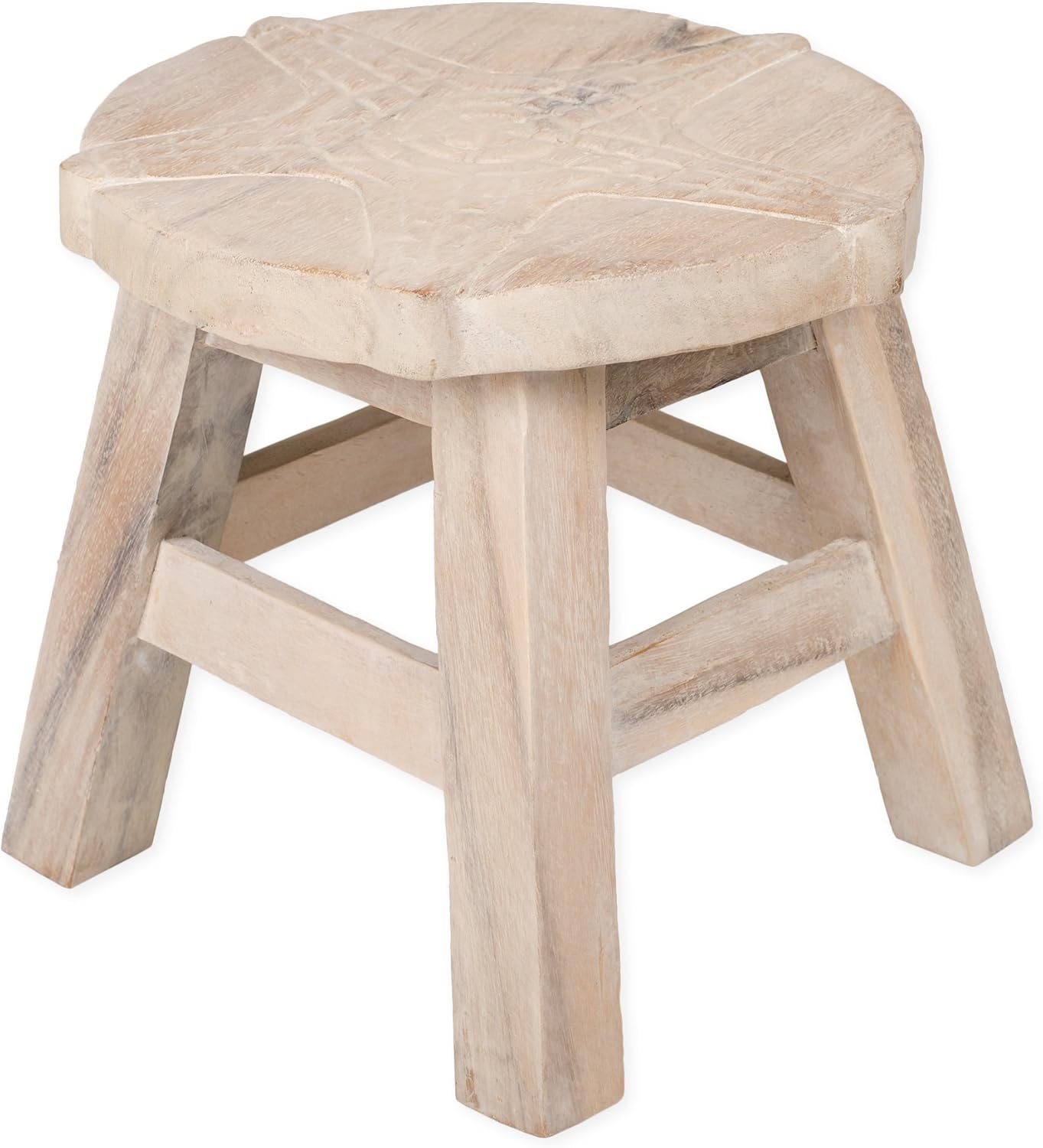 Whitewash Hand Carved Acacia Wood Decorative Stool D3124