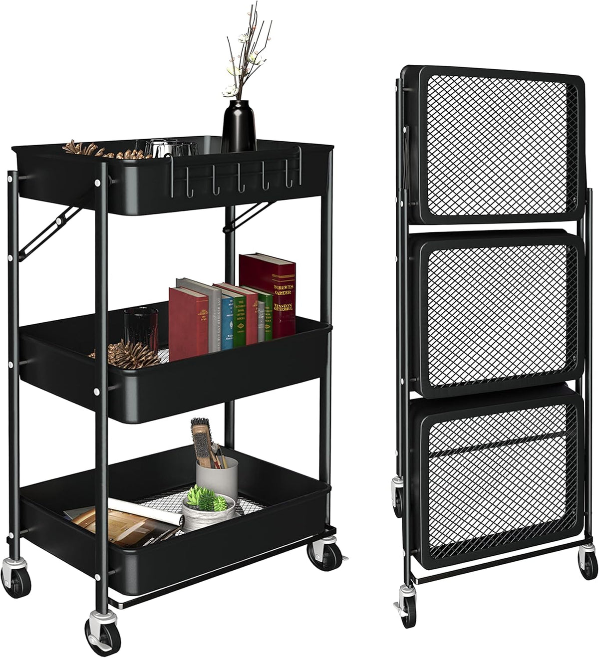 3 Tier Foldable Metal Rolling Cart with Wheels R53316