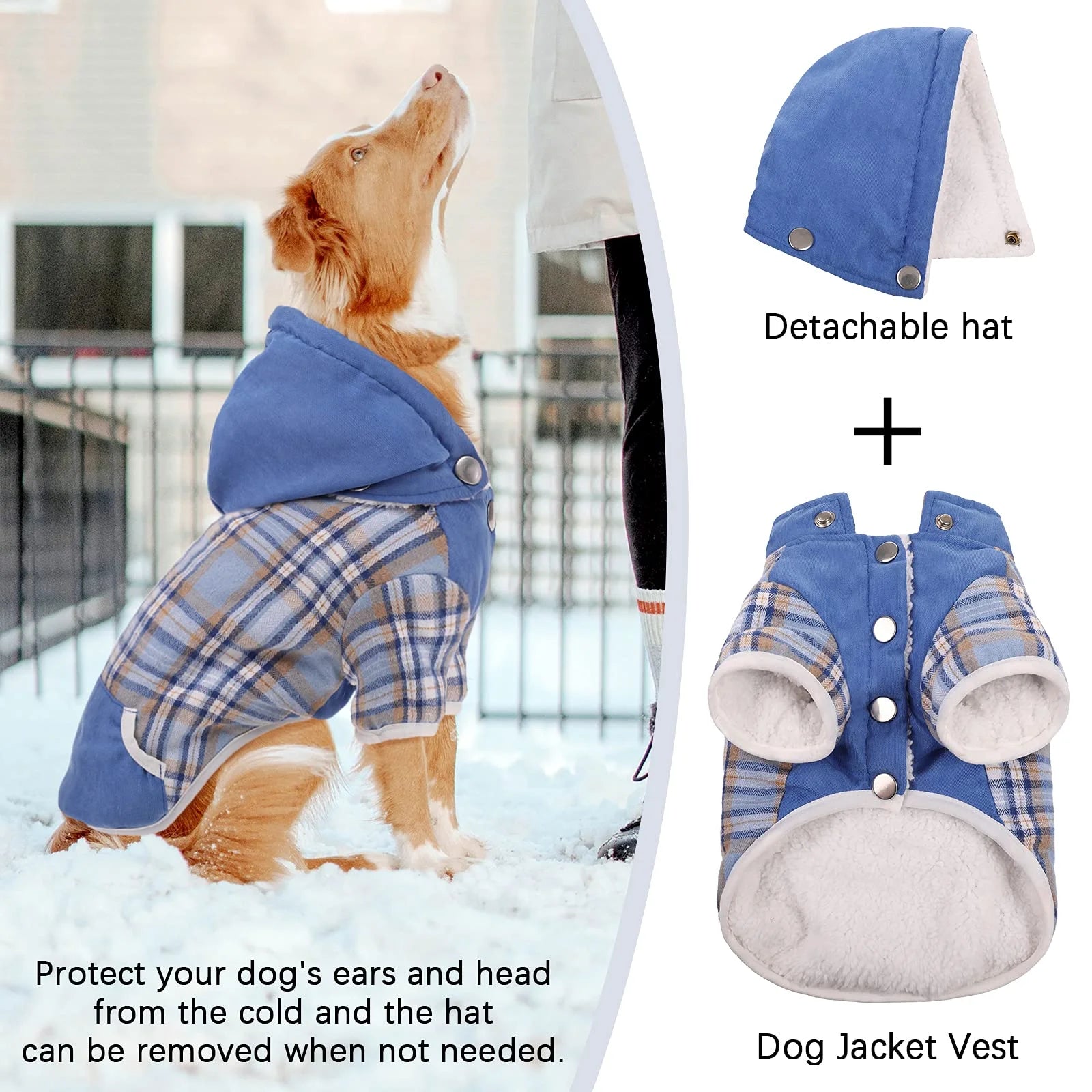 Plaid Dog Winter Coat with Hood Fleece Lining Z55545
