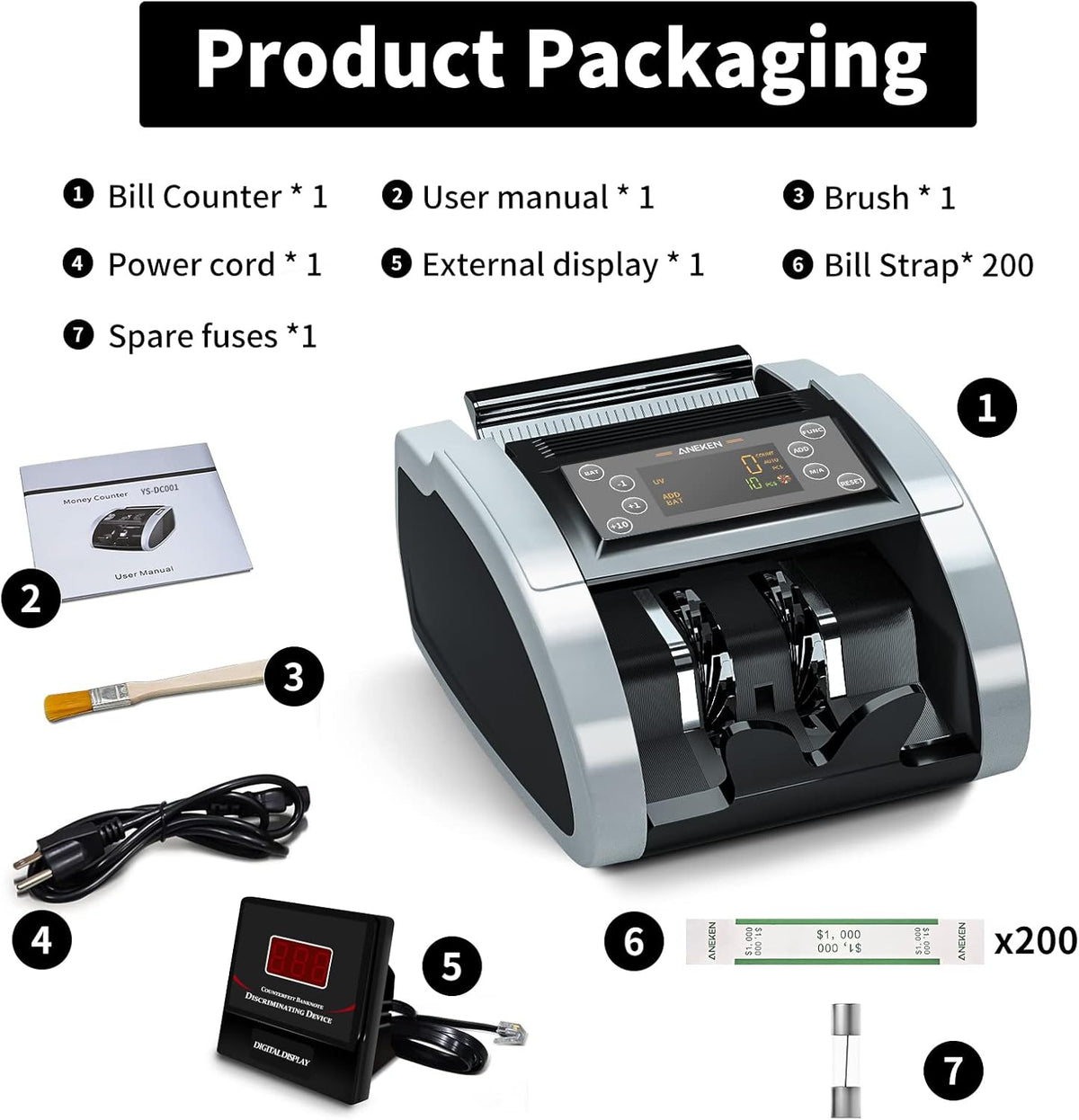 Money Counter with UV/MG/IR/DBL/HLF/CHN Counterfeit Detection, Portable Bill Counter with LED Display, 1,000 Bills/Min C298