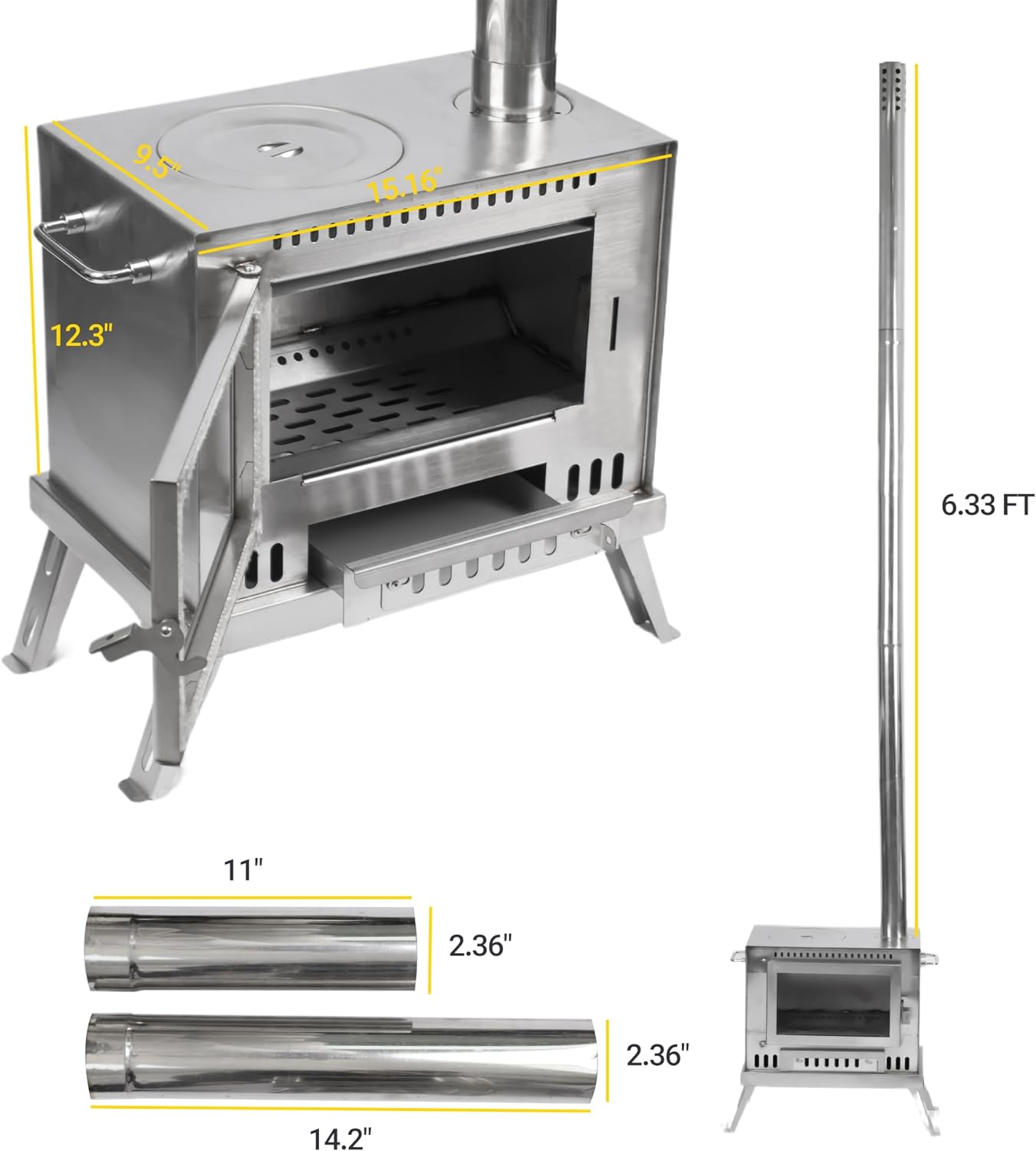 Tent Stove with View Glass, Pipes and Slide Air Intake Valve N12435