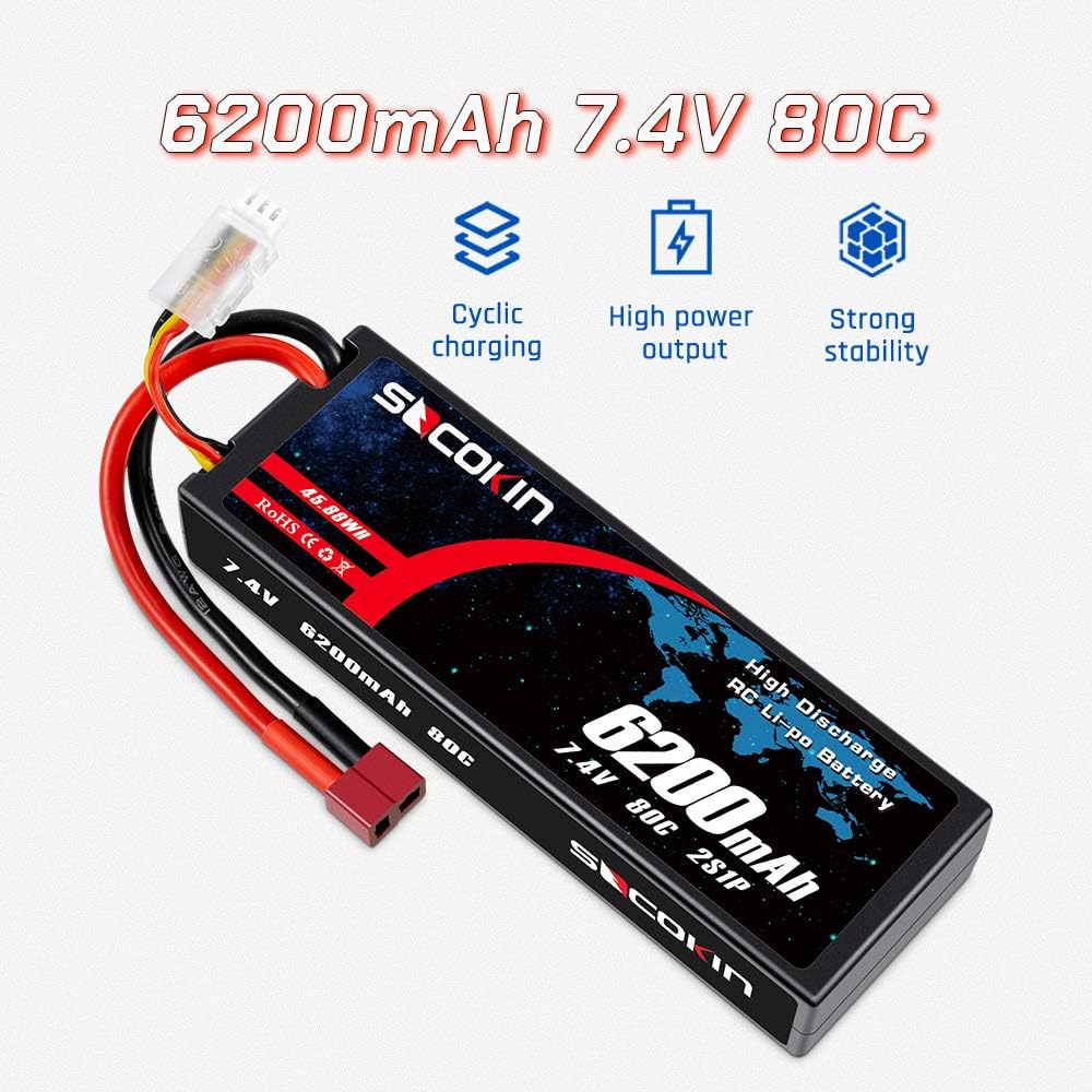 2 Pack 7.4V 2S 6200mAh 80C Hard Case Lipo Battery with Deans T B53237