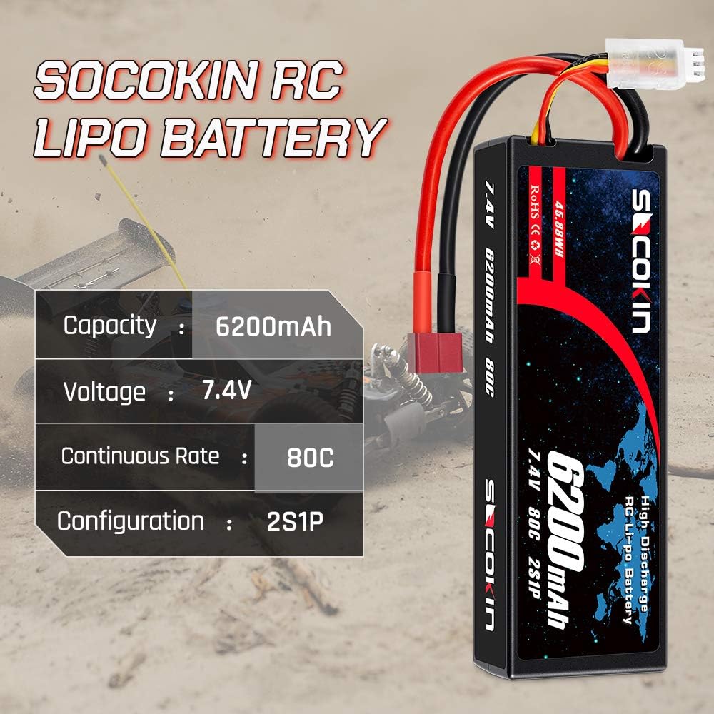 2 Pack 7.4V 2S 6200mAh 80C Hard Case Lipo Battery with Deans T B53237