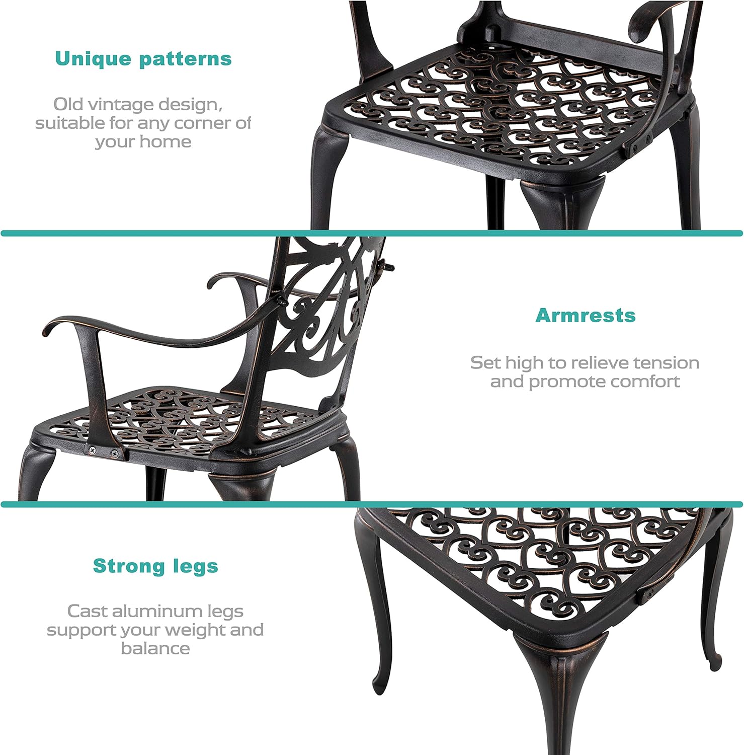 3 Piece Cast Aluminum Patio Bistro Table Set with Umbrella Hole W101
