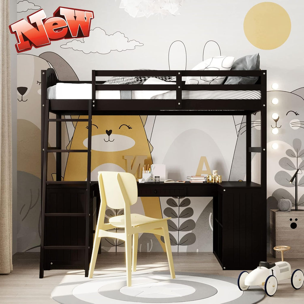 Espresso Twin Loft Bed with Desk, Storage Drawers, Cabinet Shelves F71712