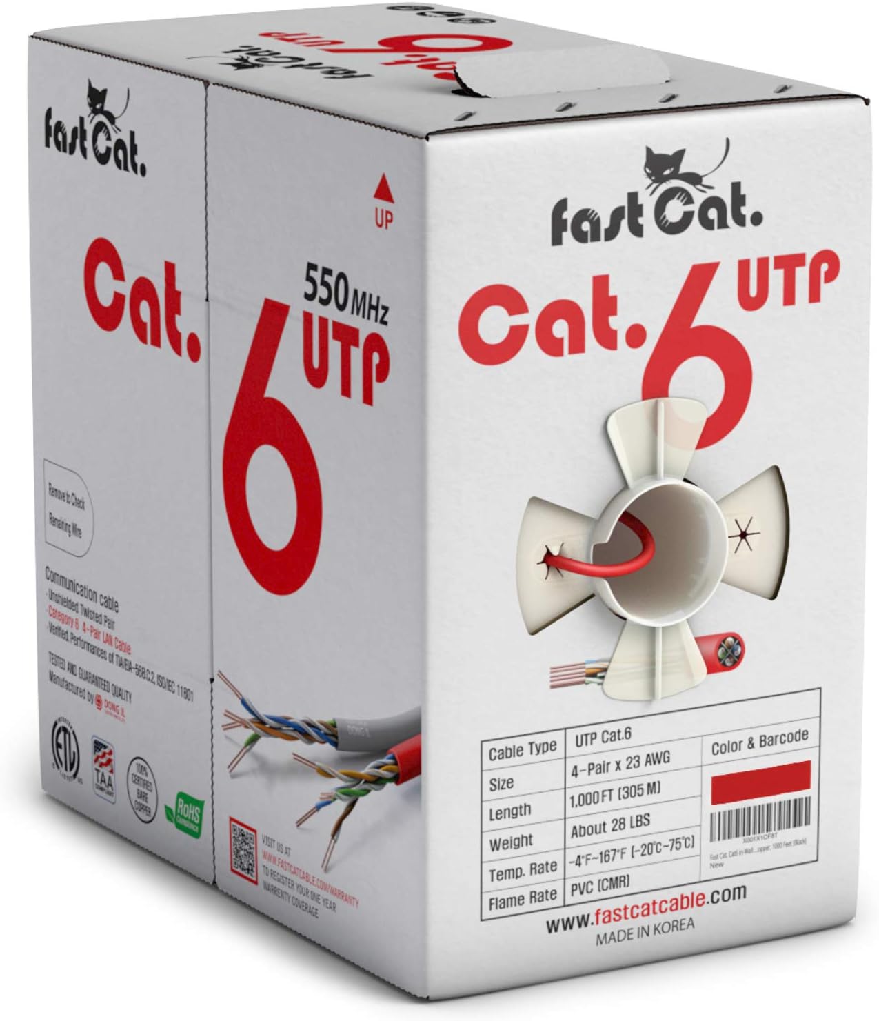 Cat6 Ethernet Cable 1000ft - 23 AWG CMR Solid Bare Copper UTP LAN Cable (Red) F106