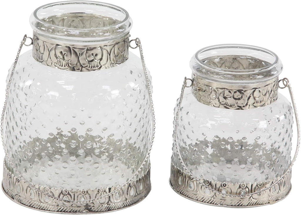 Glass Jar Candle Holders with Metal Handles, Clear, Silver, Pack of 2 A175067