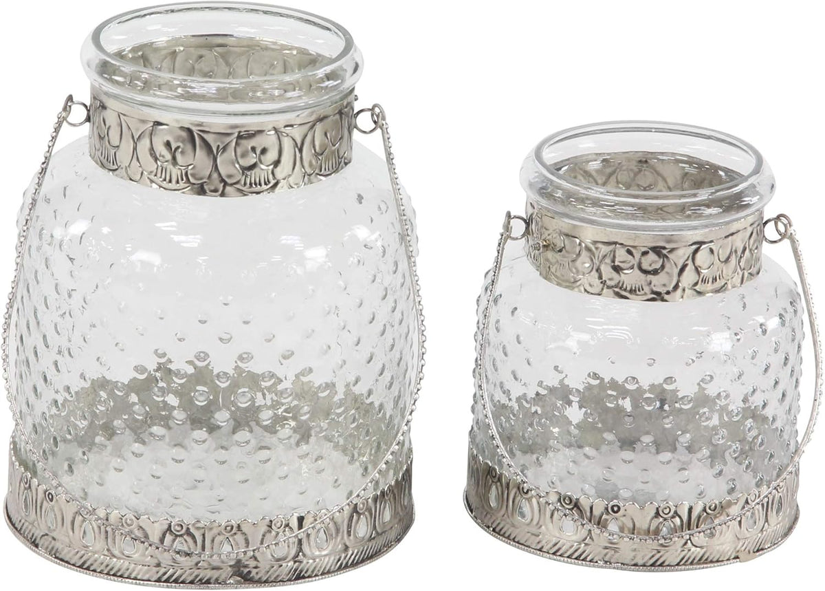Glass Jar Candle Holders with Metal Handles, Clear, Silver, Pack of 2 A175067