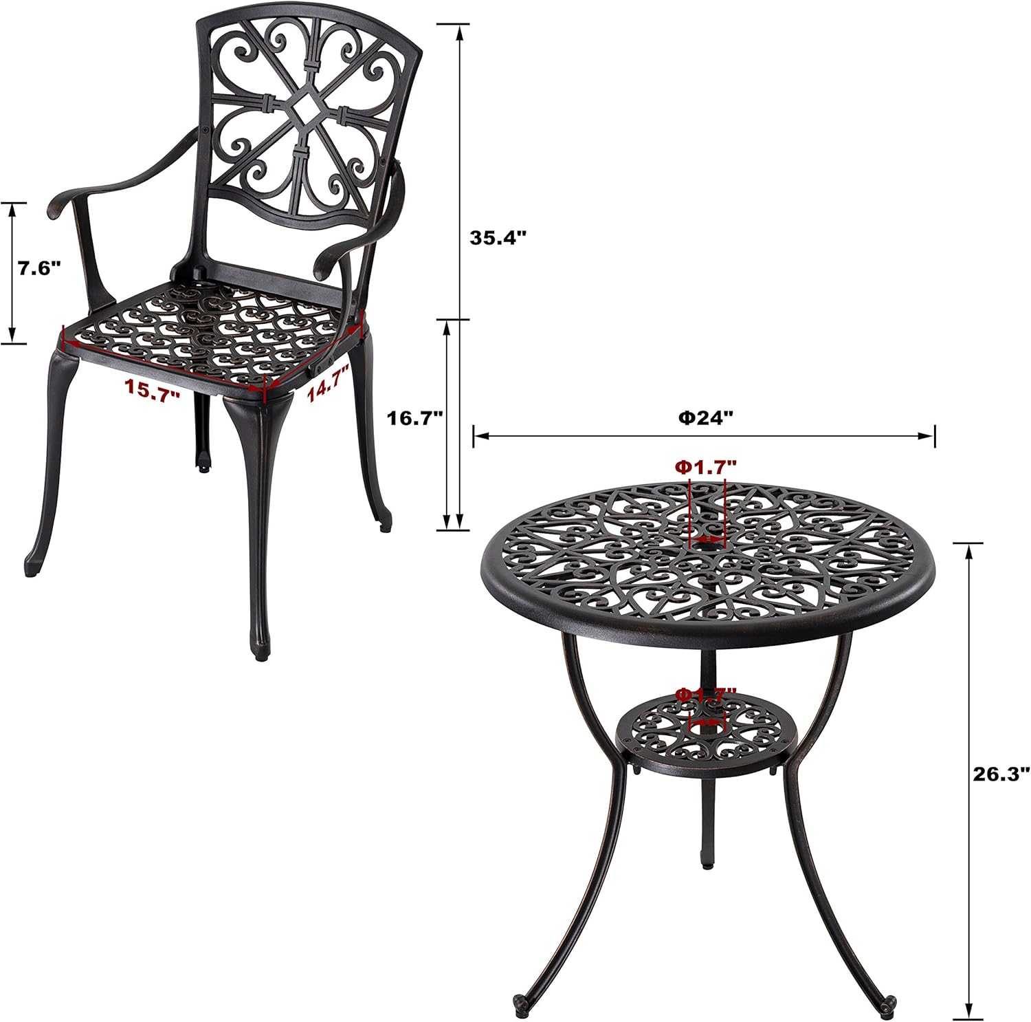 3 Piece Cast Aluminum Patio Bistro Table Set with Umbrella Hole W101