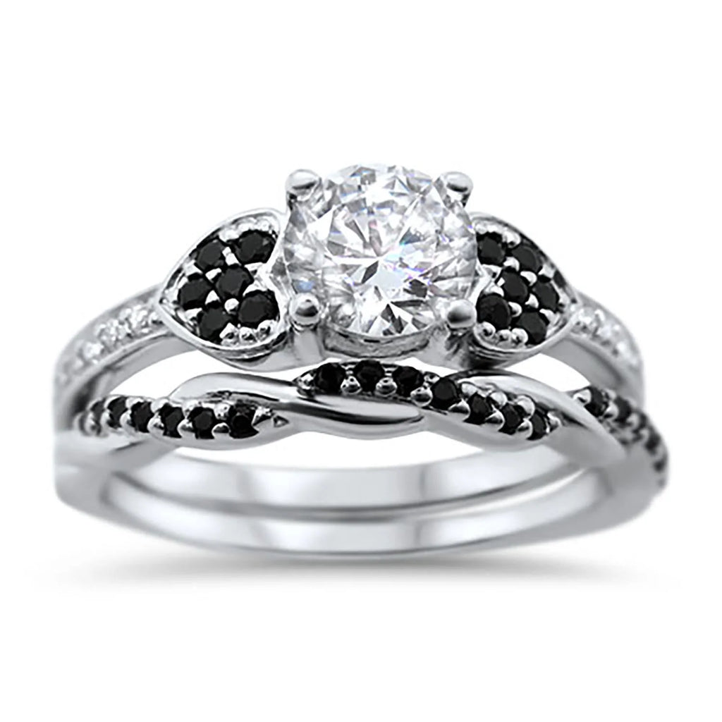 3 Piece Sterling Silver Black Titanium Wedding Band Engagement Ring Set S9229
