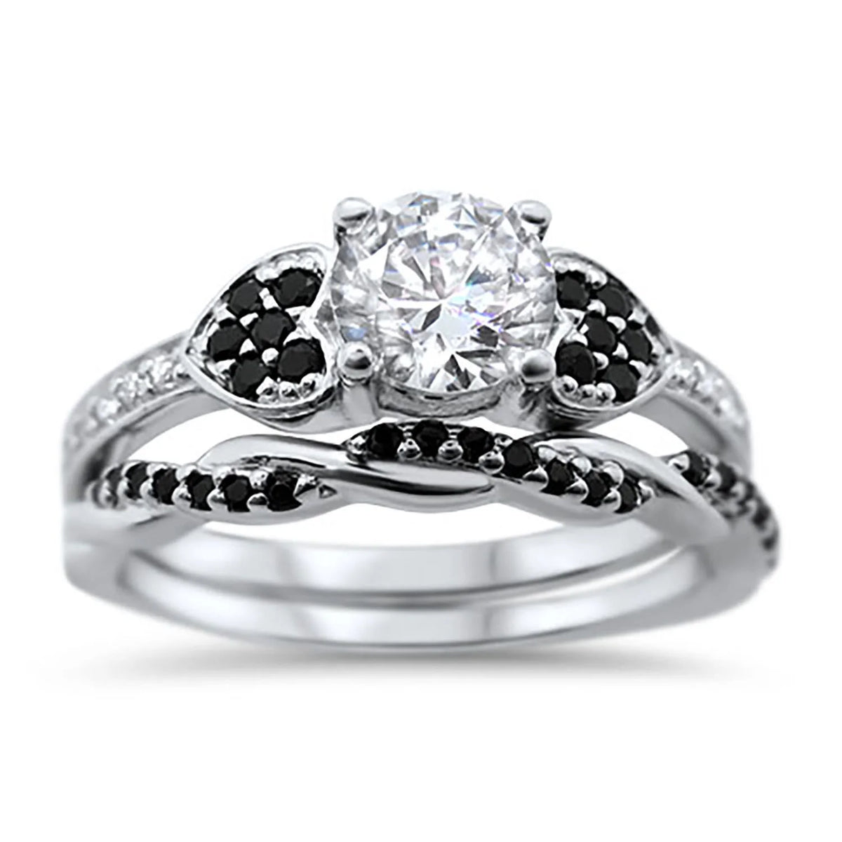 3 Piece Sterling Silver Black Titanium Wedding Band Engagement Ring Set S9229
