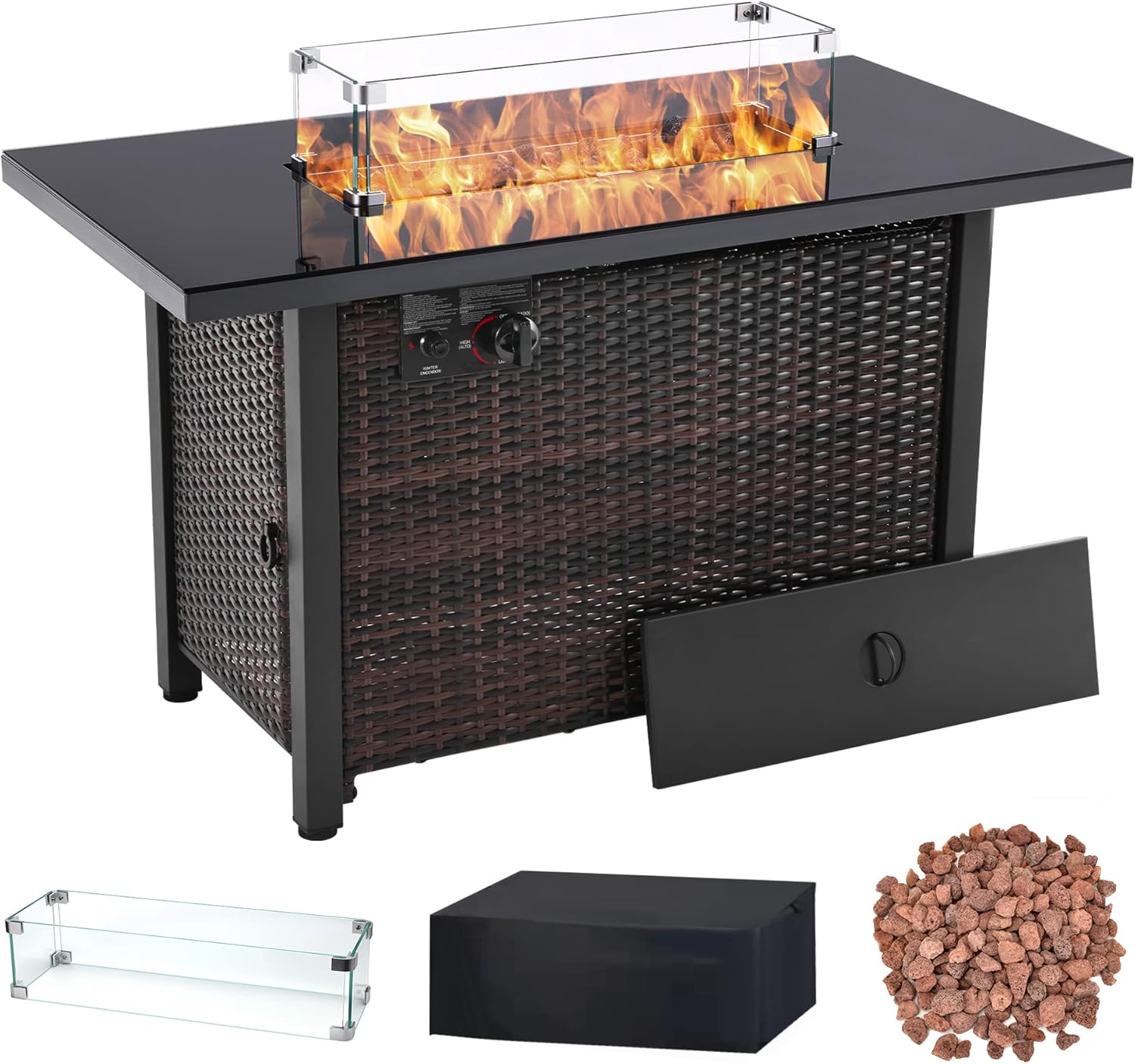 Propane Fire Pit Table, 43 Inch 50,000 BTU Auto-Ignition with Glass Wind Guard and Lava Stone I7869