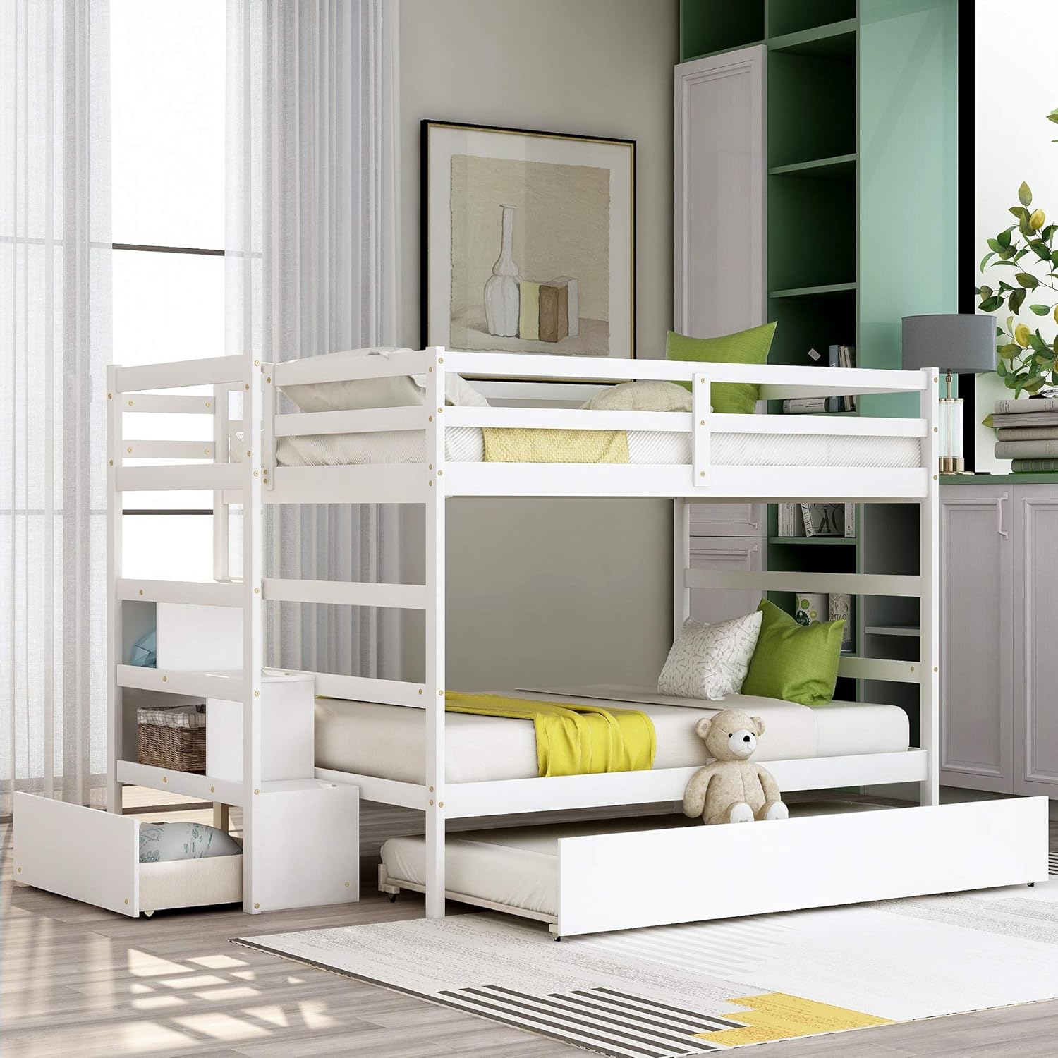 White Twin Over Twin/Full Bunk Bed with Storage Drawers X6766