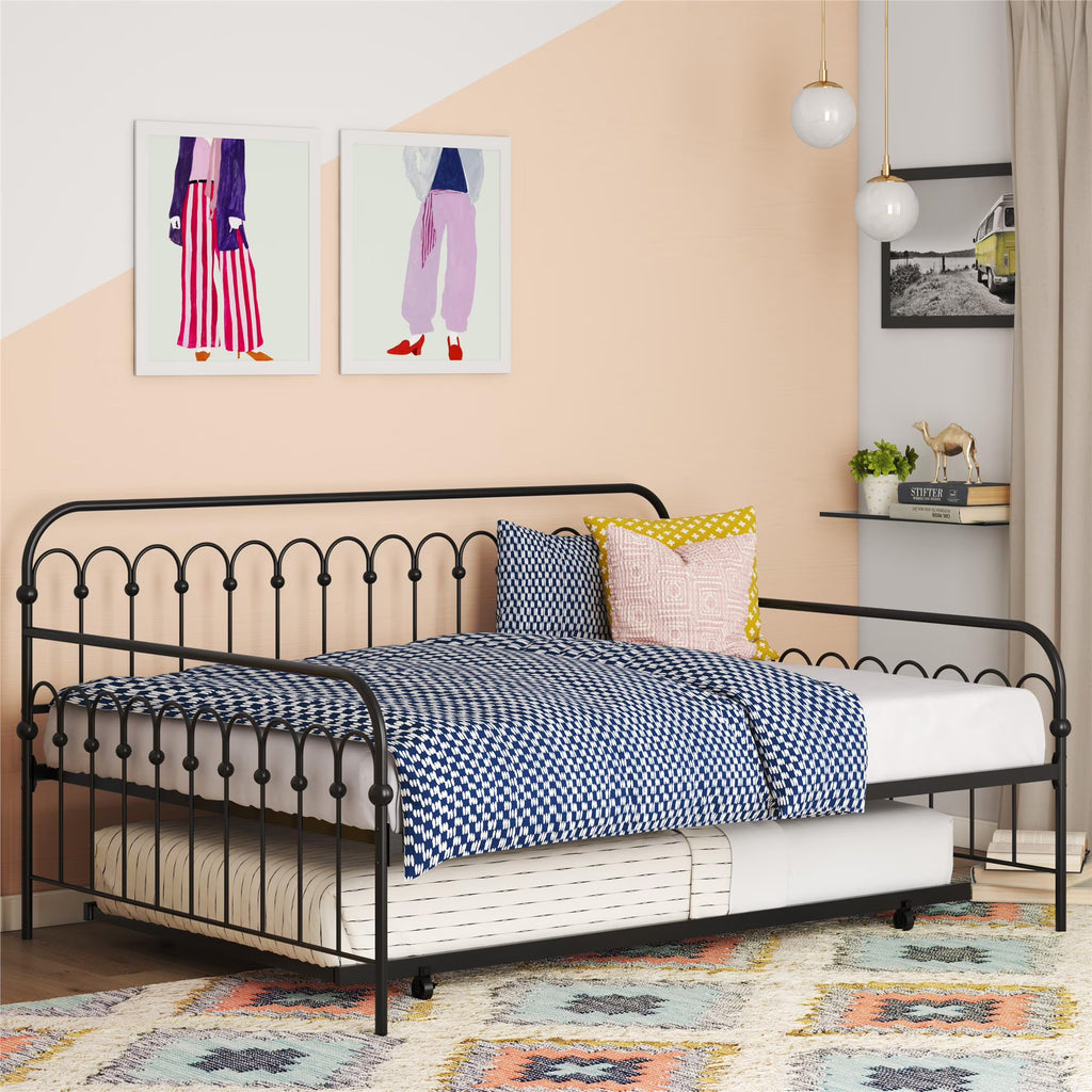 Black Full Metal Daybed with Twin Trundle Bed H6733
