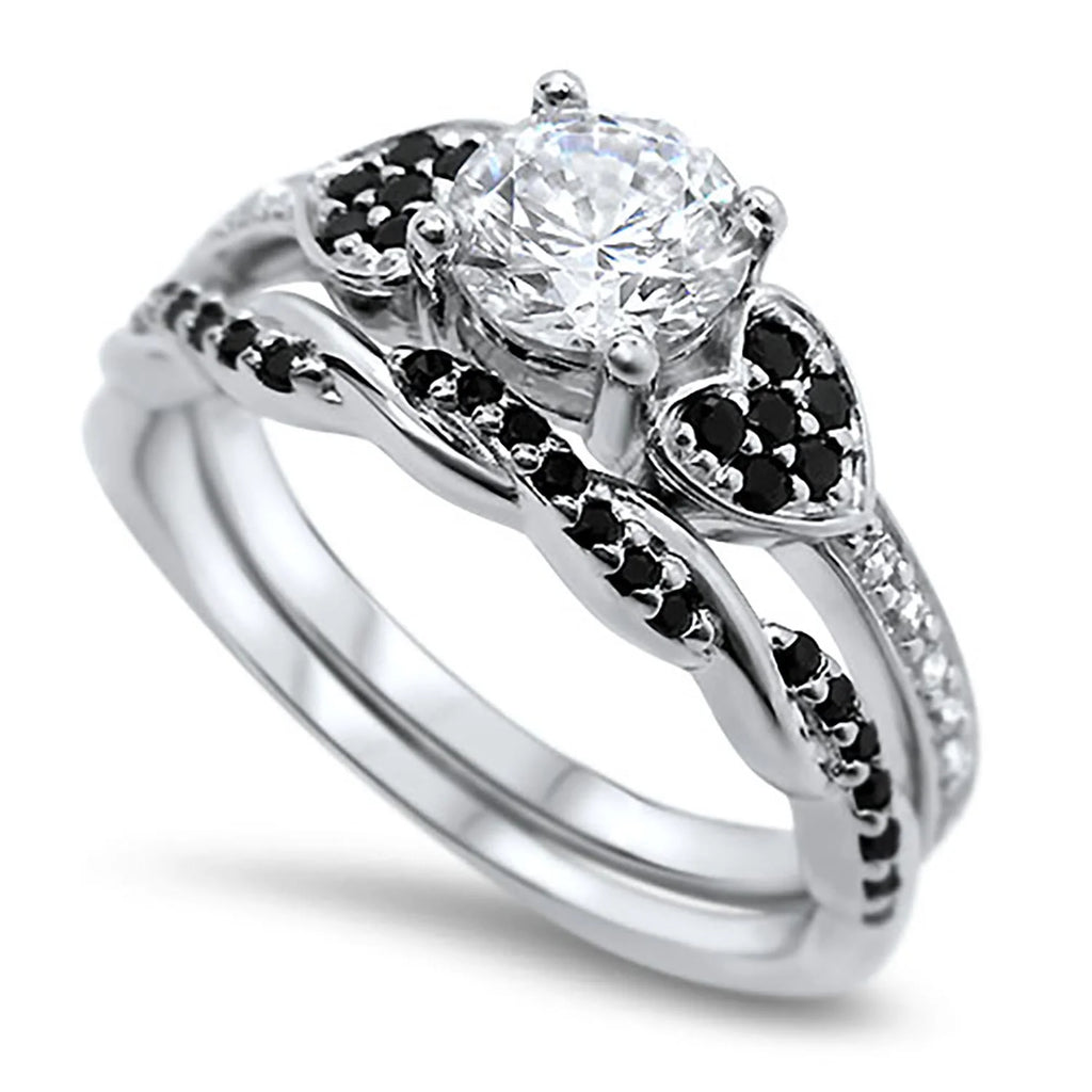 3 Piece Sterling Silver Black Titanium Wedding Band Engagement Ring Set S9229