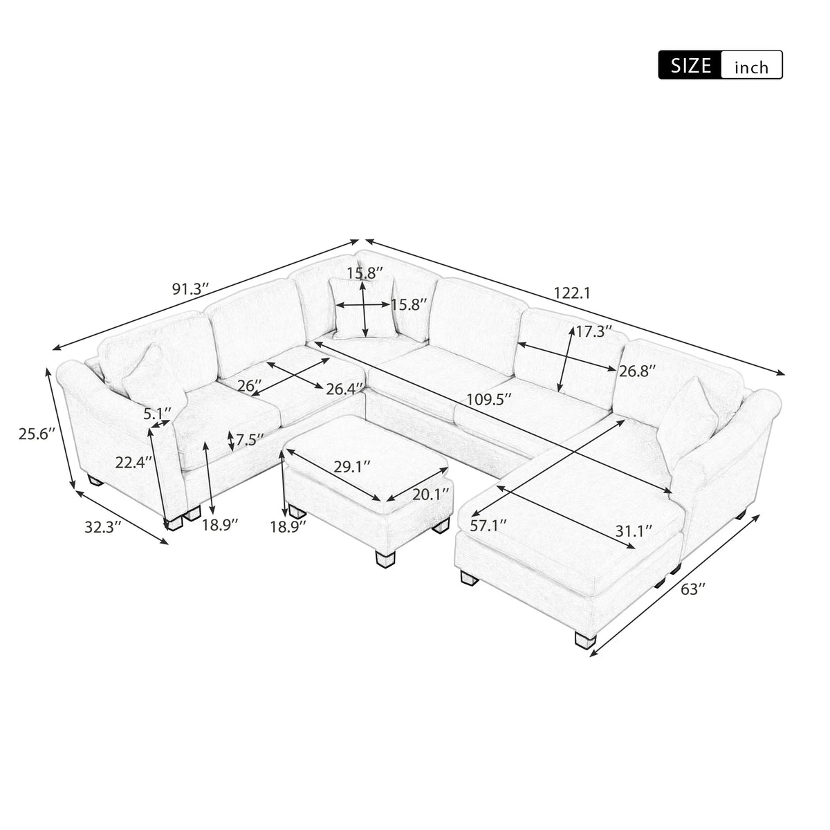 White Velvet Sectional Sofa with Ottoman T2114