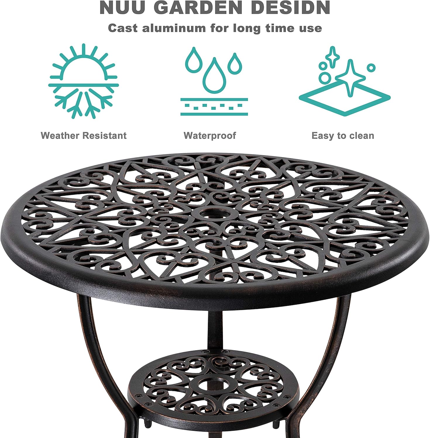 3 Piece Cast Aluminum Patio Bistro Table Set with Umbrella Hole W101
