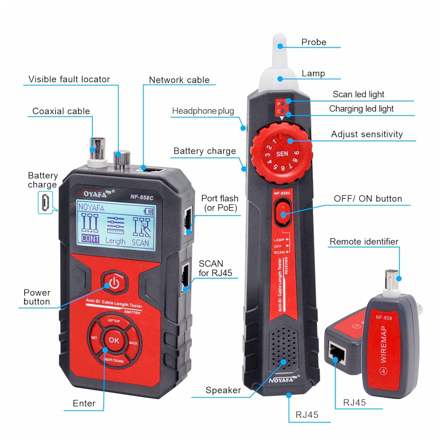 LCD Network Tester with RJ11 RJ45 Coax Cable Tester and VFL Function E842901