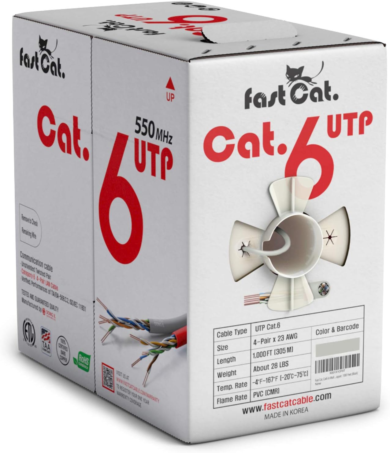 Cat6 Ethernet Cable 1000ft - 23 AWG CMR Solid Bare Copper UTP LAN Cable (Red) F106