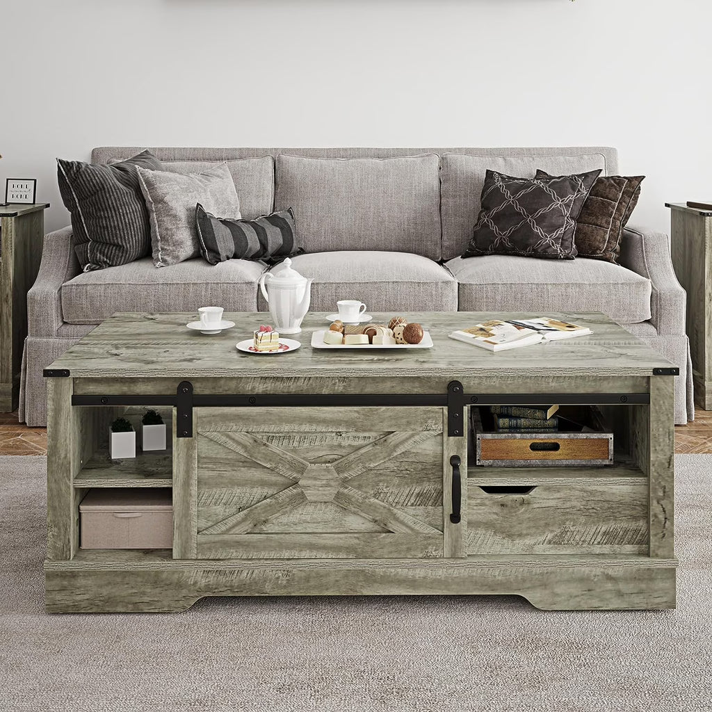 Warm Grey Rectangular Coffee Table with Storage Drawer and Sliding Barn Door T833966