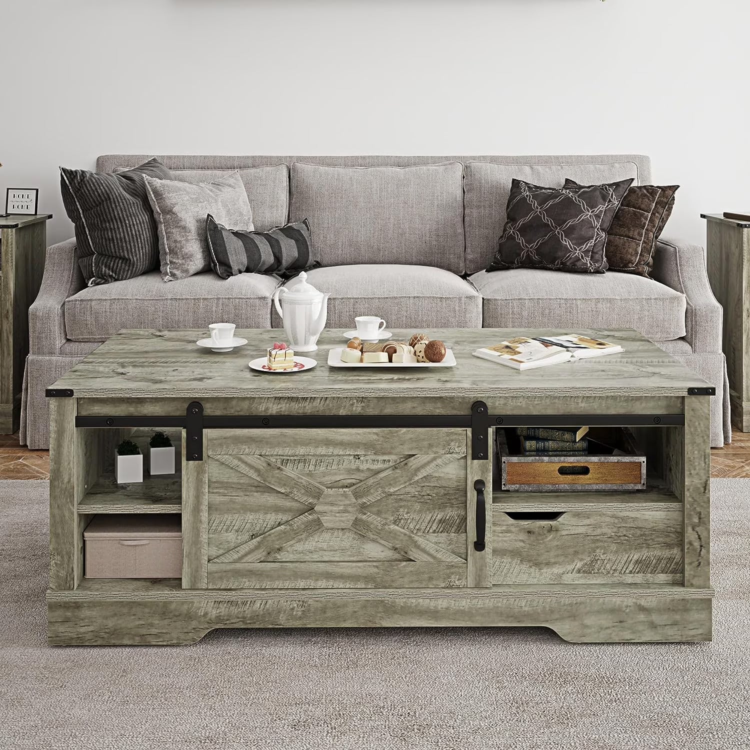Warm Grey Rectangular Coffee Table with Storage Drawer and Sliding Barn Door T833966