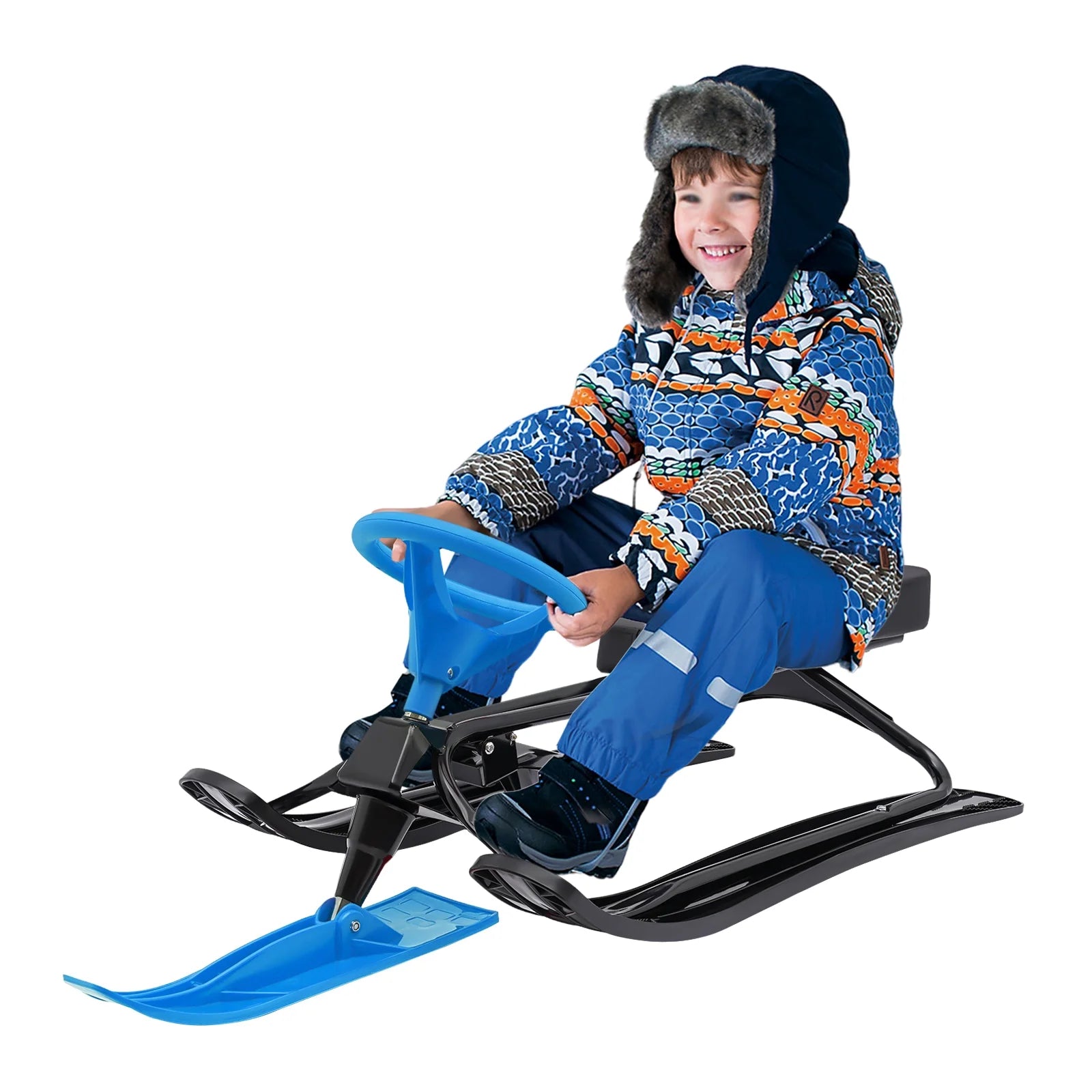 Blue Snow Sled with Steering Wheel and Double Brake Pull Rope S7734