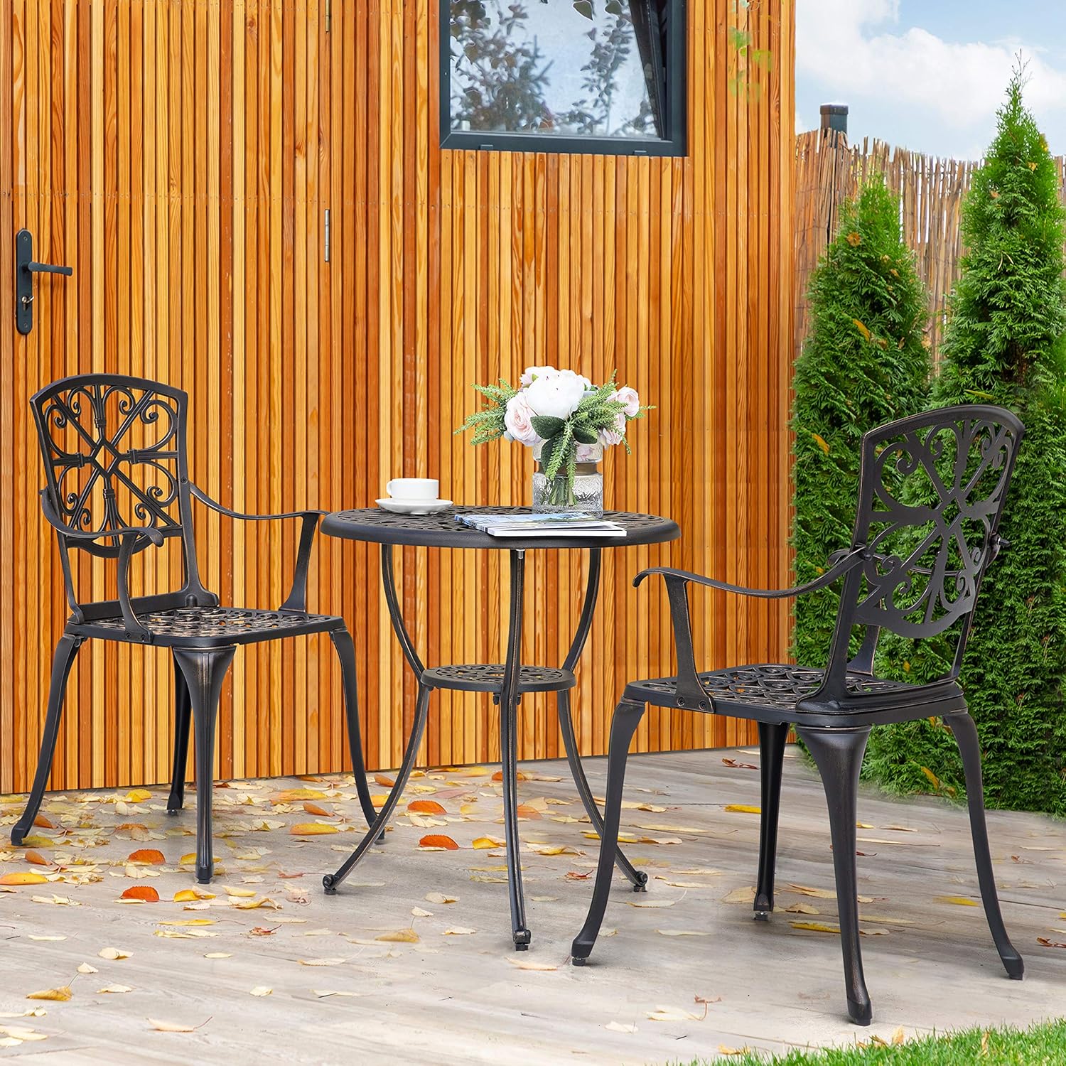 3 Piece Cast Aluminum Patio Bistro Table Set with Umbrella Hole W101