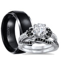 3 Piece Sterling Silver Black Titanium Wedding Band Engagement Ring Set S9229