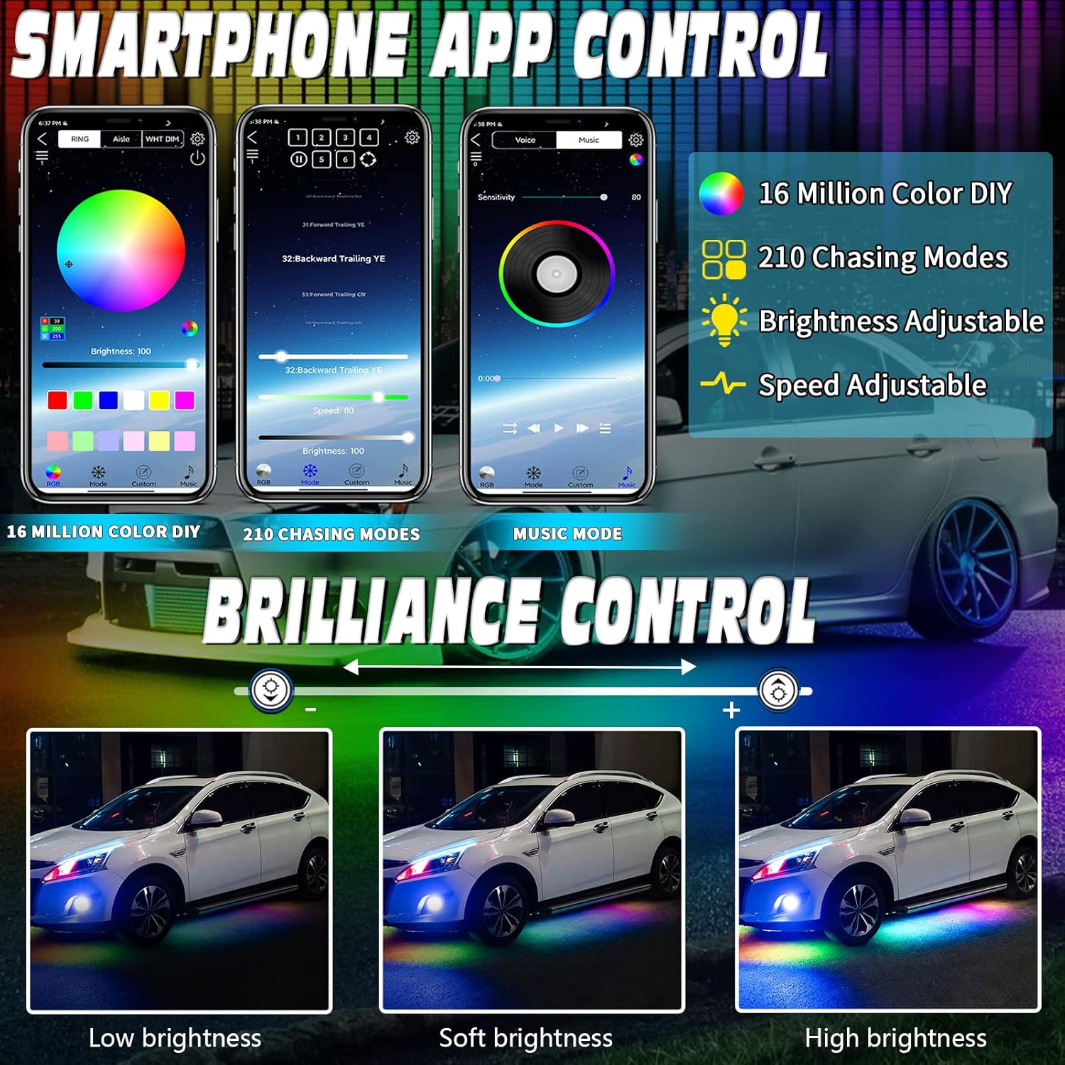 6PCS Dimmable RGB Car Underglow Lights with APP Control C348